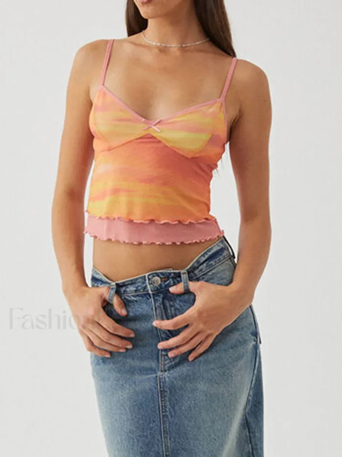 Mesh Graphic Bow Ruffle Crop Top - Image 13