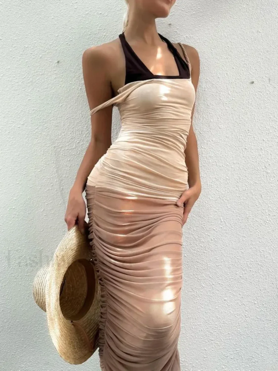 Mesh Patchwork Pleated Midi Dress - Image 12
