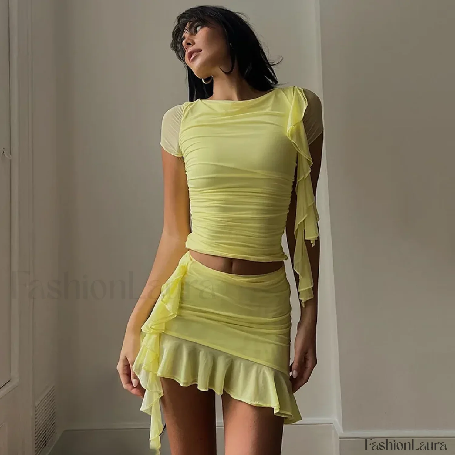 Mesh Ruched Ruffle Fringe Two Piece Set - Image 13