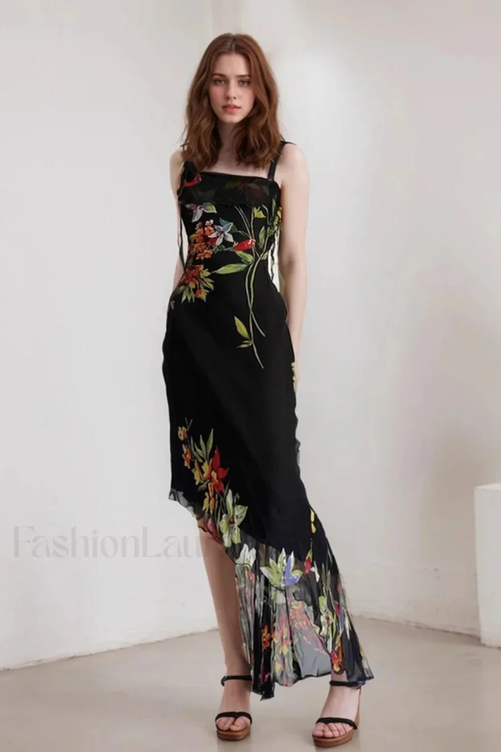 Mesh Stitching Irregular Pleated Plant Print Maxi Dress - Image 3