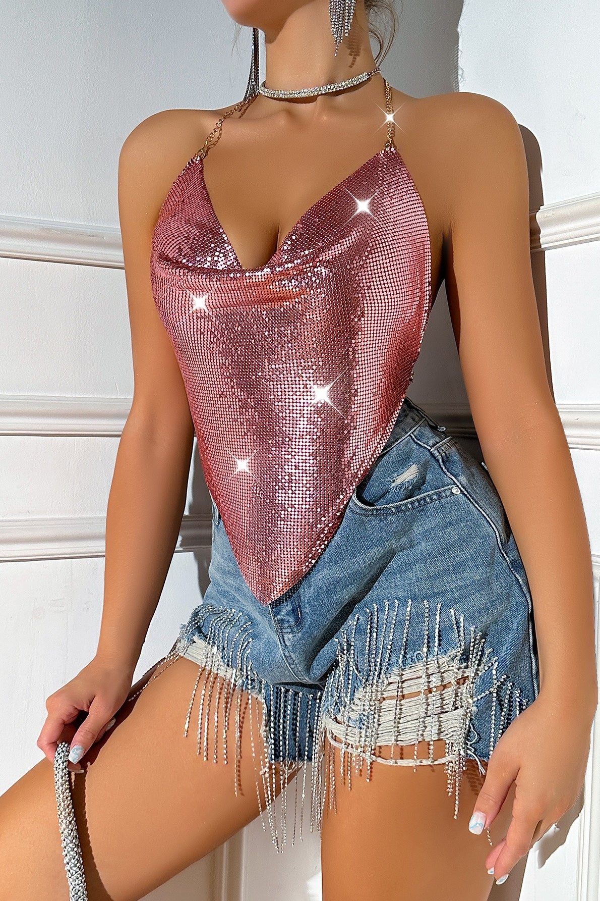 Metal Chain Backless Sequin Bustier Halter Top - Image 12