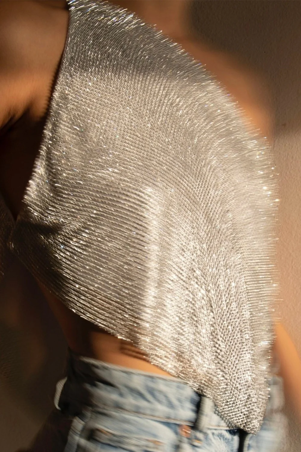 Metallic Mesh Rhinestone Off Shoulder Crop Top - Image 3