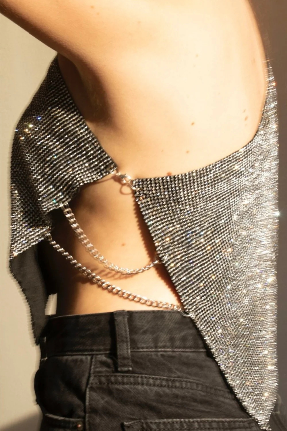 Metallic Mesh Rhinestone Off Shoulder Crop Top - Image 4