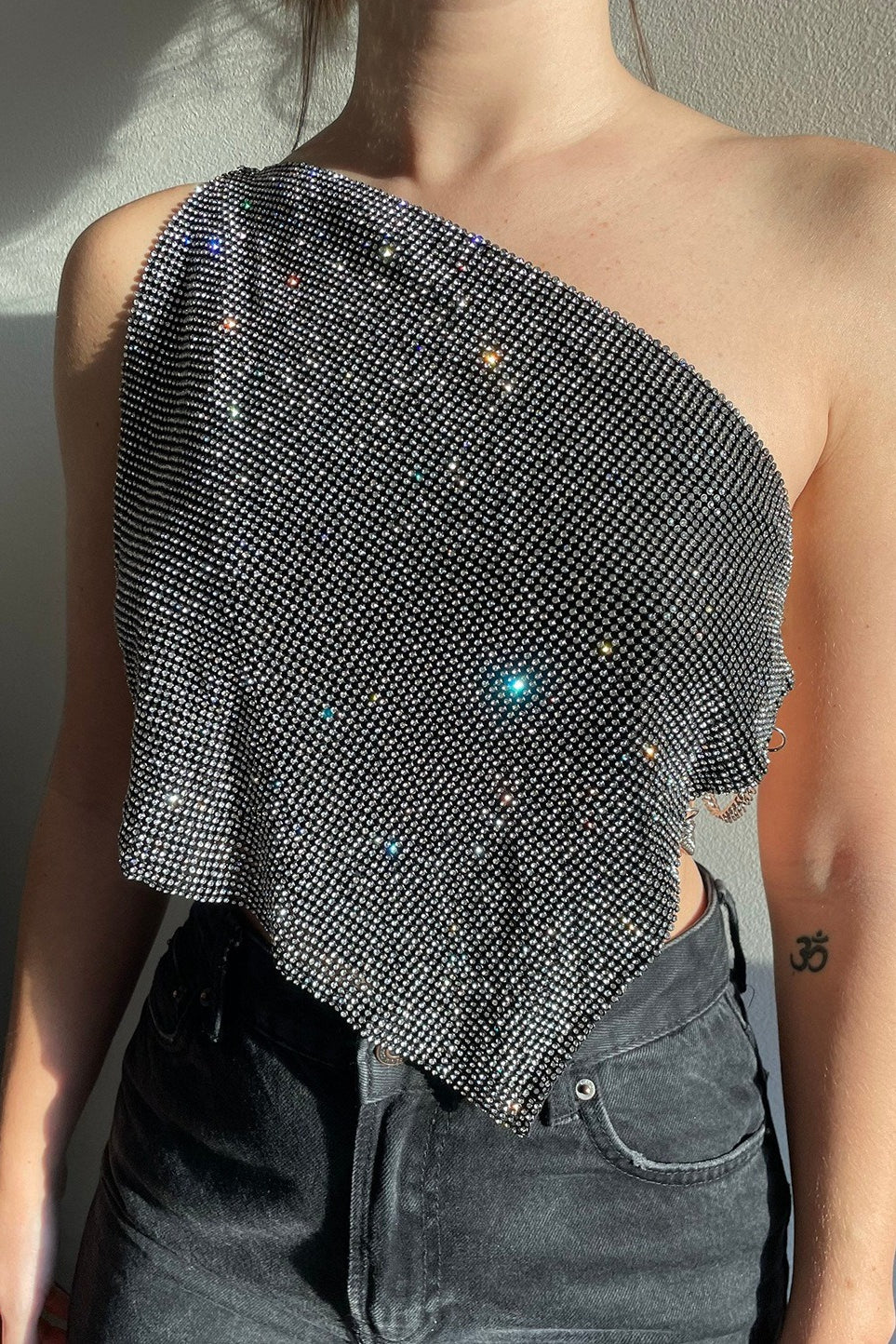 Metallic Mesh Rhinestone Off Shoulder Crop Top - Image 5