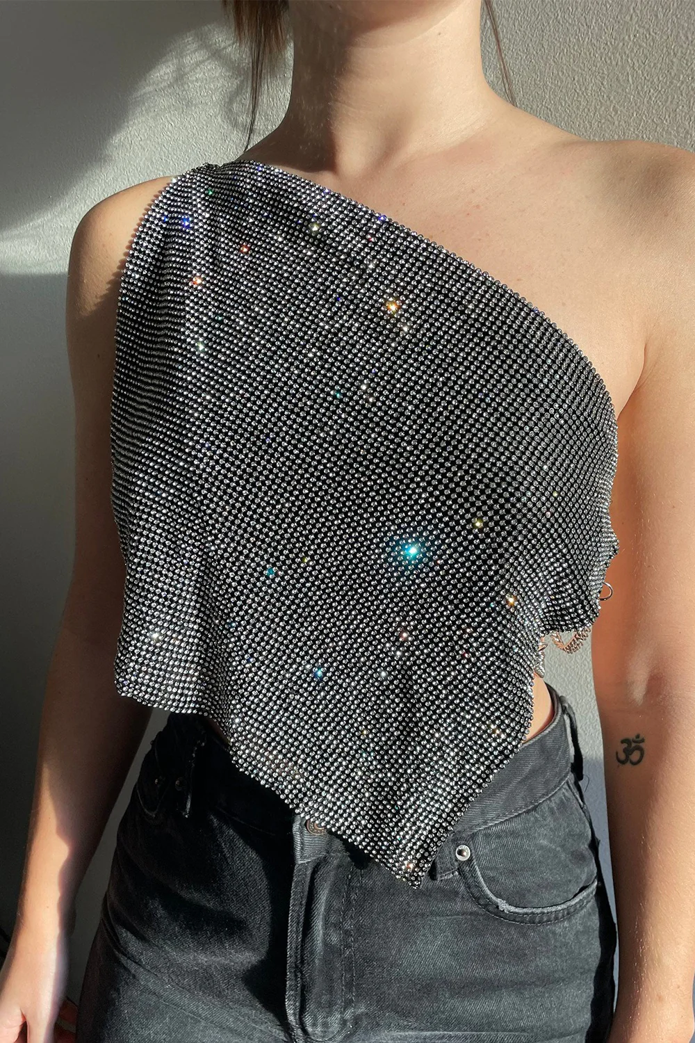 Metallic Mesh Rhinestone Off Shoulder Crop Top - Image 6