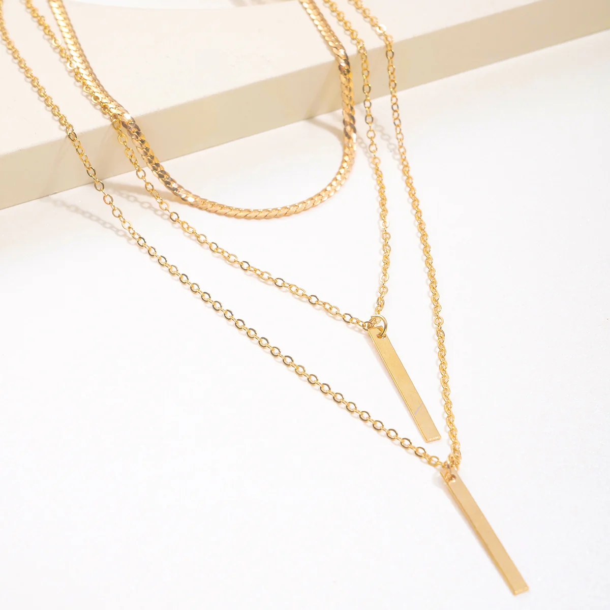 Minimalist Geometric Bar Pendant Layered Chain Necklace - Image 3