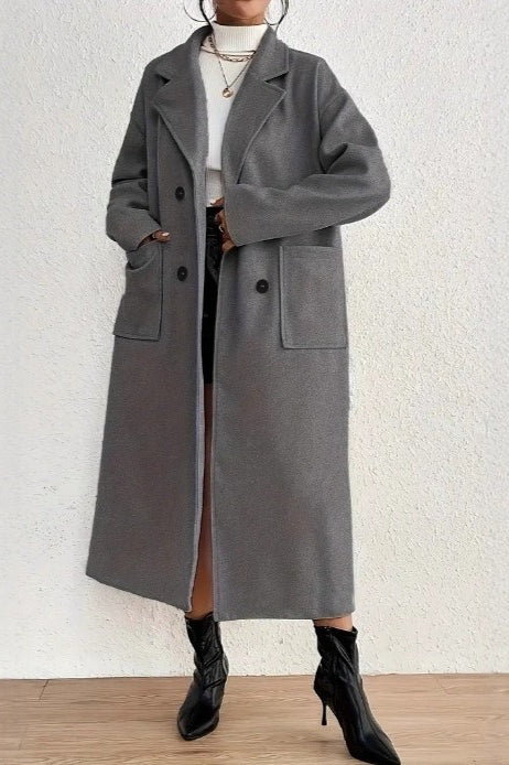 Minimalist Solid Wool Collar Overcoat - Image 3