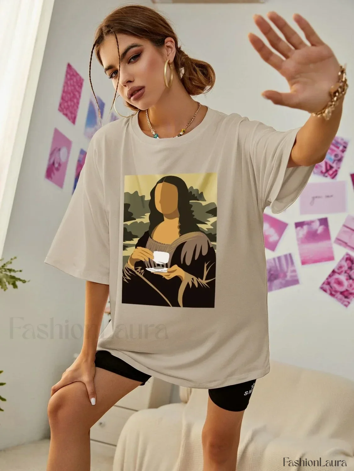 Mona Lisa Drinking Coffee Casual Hip Hop T-Shirt - Image 12
