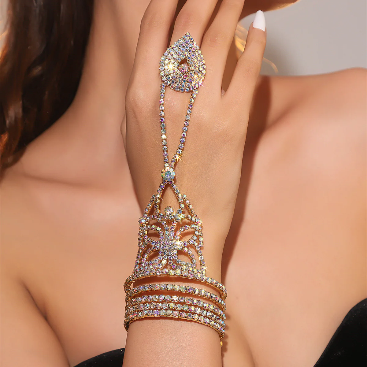 Multi Layer Rhinestone Stretch Finger Bracelet - Image 10