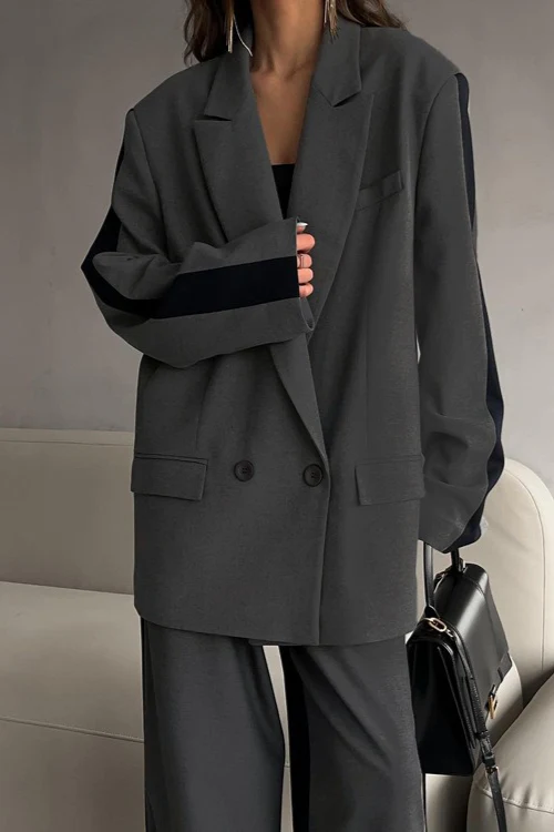 Notch Lapel Relaxed Blazer Wide Leg Pants Set - Image 2
