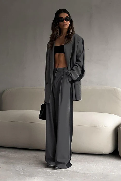 Notch Lapel Relaxed Blazer Wide Leg Pants Set - Image 3