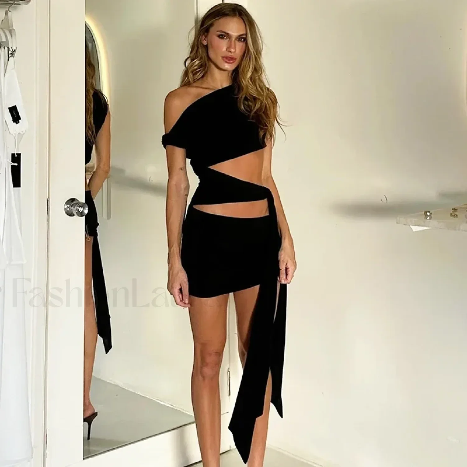 Oblique Collar Strapless Mini Dress - Image 3