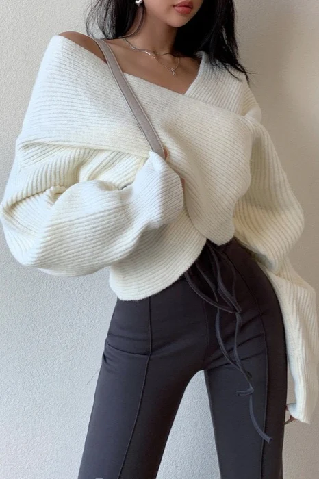 Off Shoulder Cross Front Cropped Sweater - Image 2