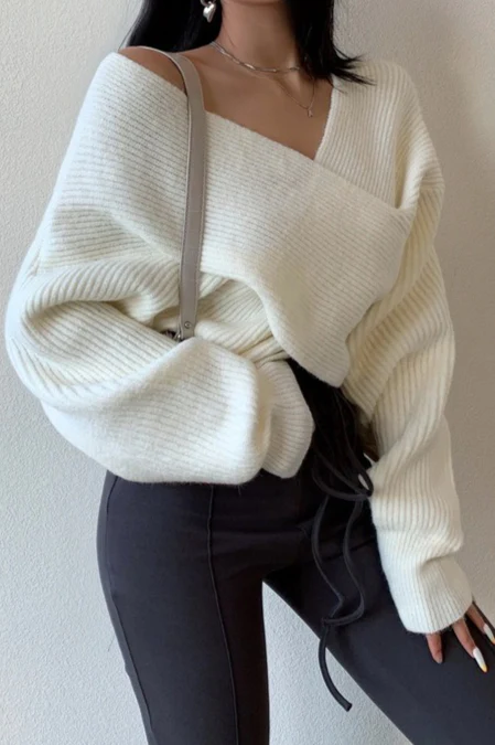 Off Shoulder Cross Front Cropped Sweater - Image 3