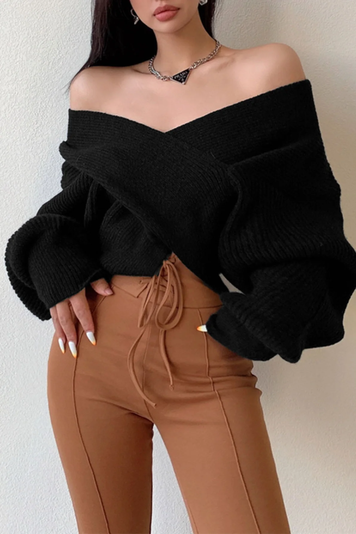 Off Shoulder Cross Front Cropped Sweater - Image 5