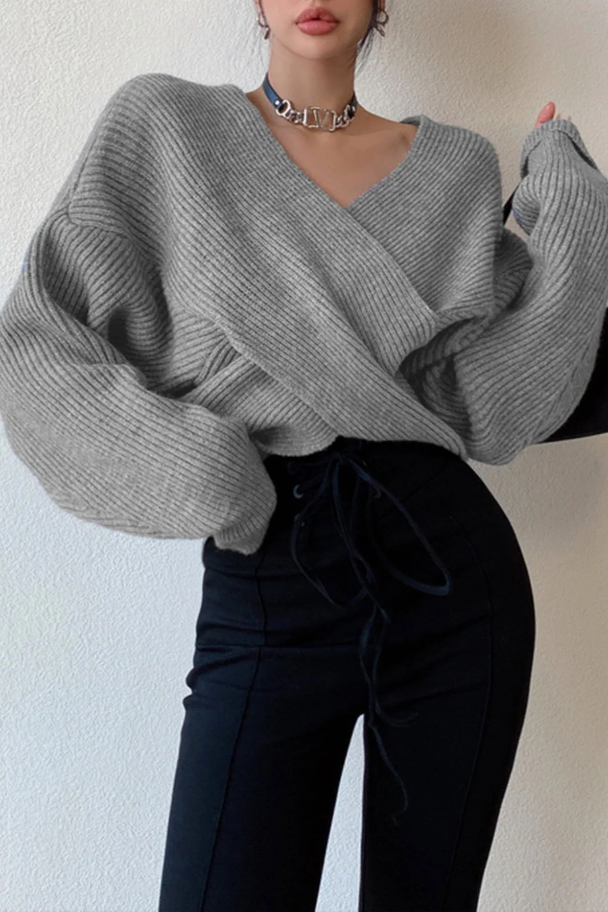 Off Shoulder Cross Front Cropped Sweater - Image 6