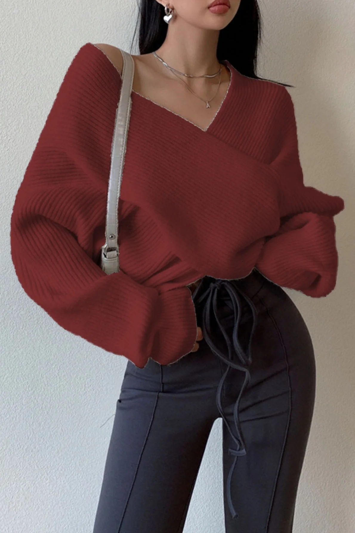 Off Shoulder Cross Front Cropped Sweater - Image 7