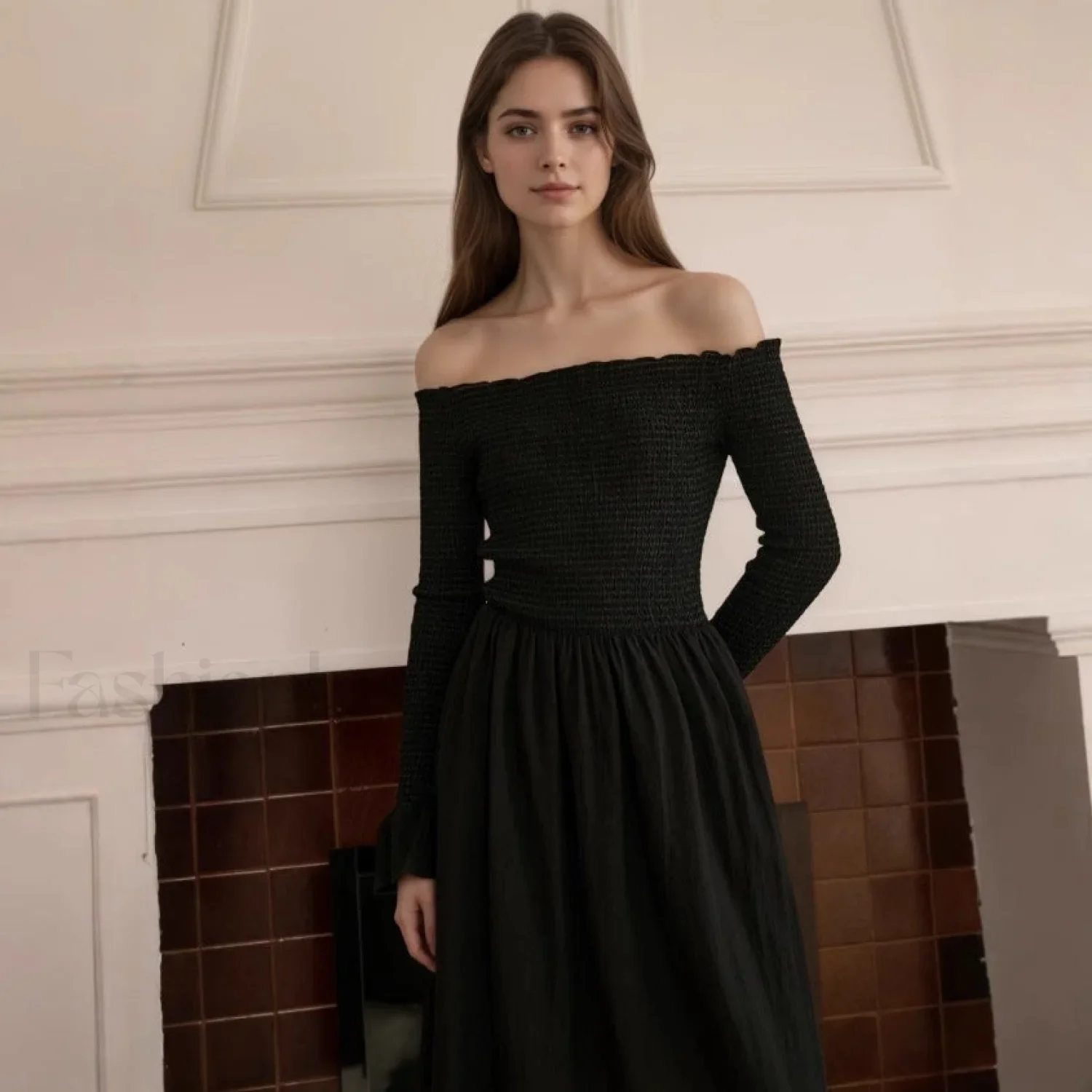 Off Shoulder Curved Horn Sleeve Flared Maxi Dress - Image 4