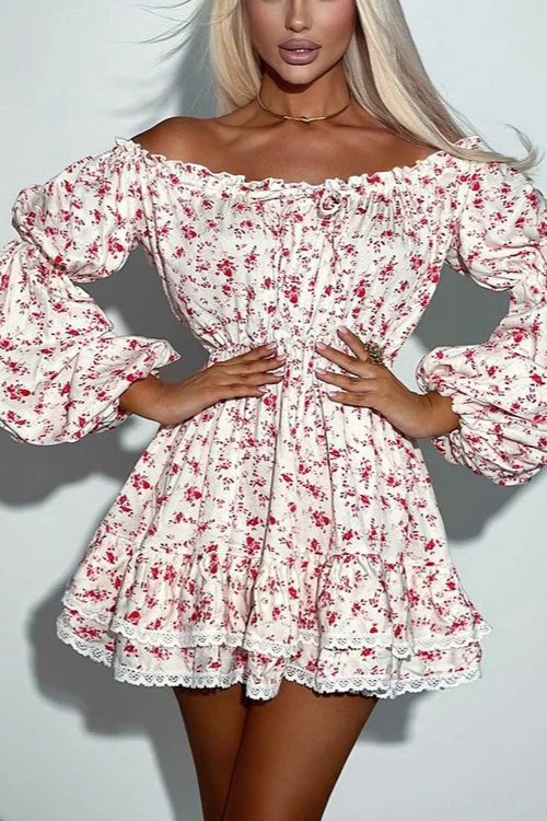 Off Shoulder Puff Sleeve Ruched Waist A Line Floral Dress - Image 3