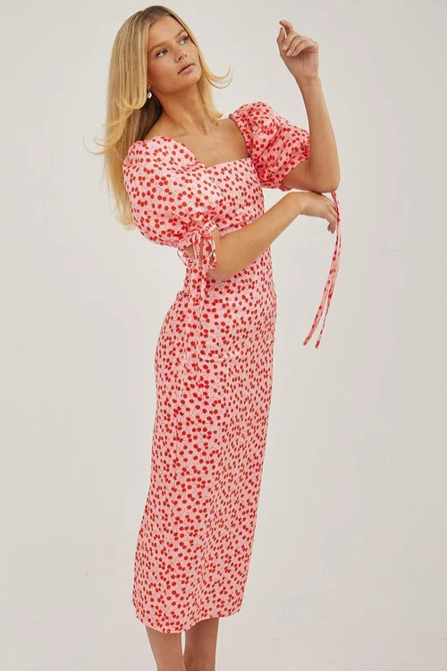 Off Shoulder Puff Sleeve Slim Floral Dress - Image 8