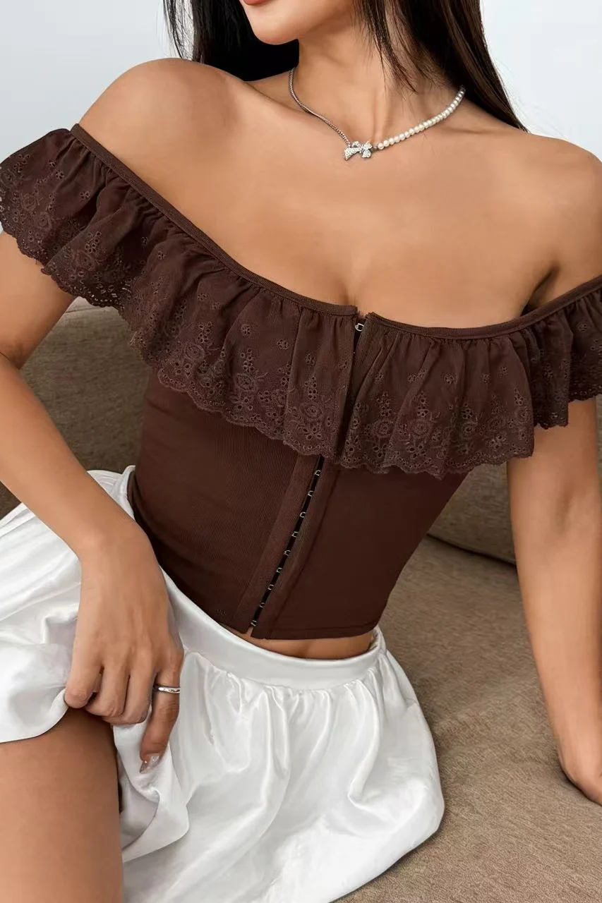 Off Shoulder Ruffle Buttoned Cinched Crop Top - Image 6