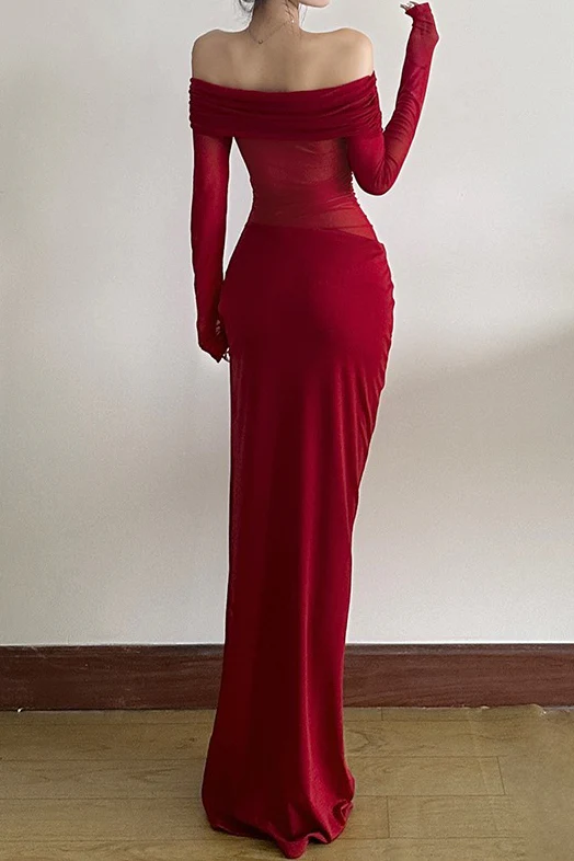 Off Shoulder Sheer Tulle Mesh Slim Fit Elegant Prom Dress - Image 15