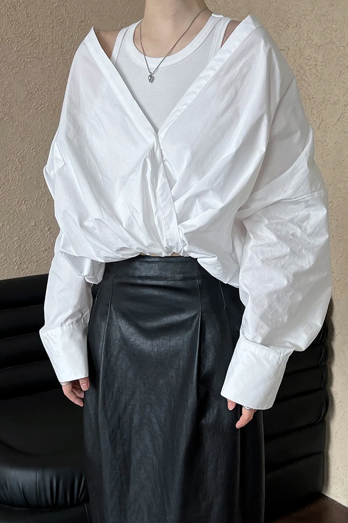 Off Shoulder Structured Peplum Mock Two Piece Blouse