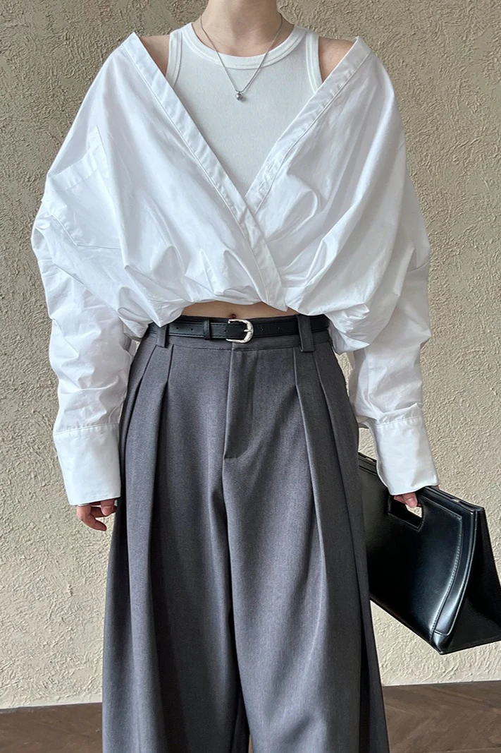 Off Shoulder Structured Peplum Mock Two Piece Blouse - Image 3