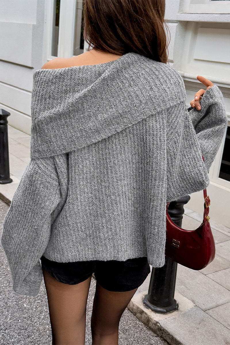 Off-the-Shoulder Bell Sleeve Loose Solid Sweater - Image 4
