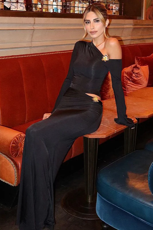 One Shoulder Metal Detail Flared Sleeve Top High Waist Skirt Set - Image 7