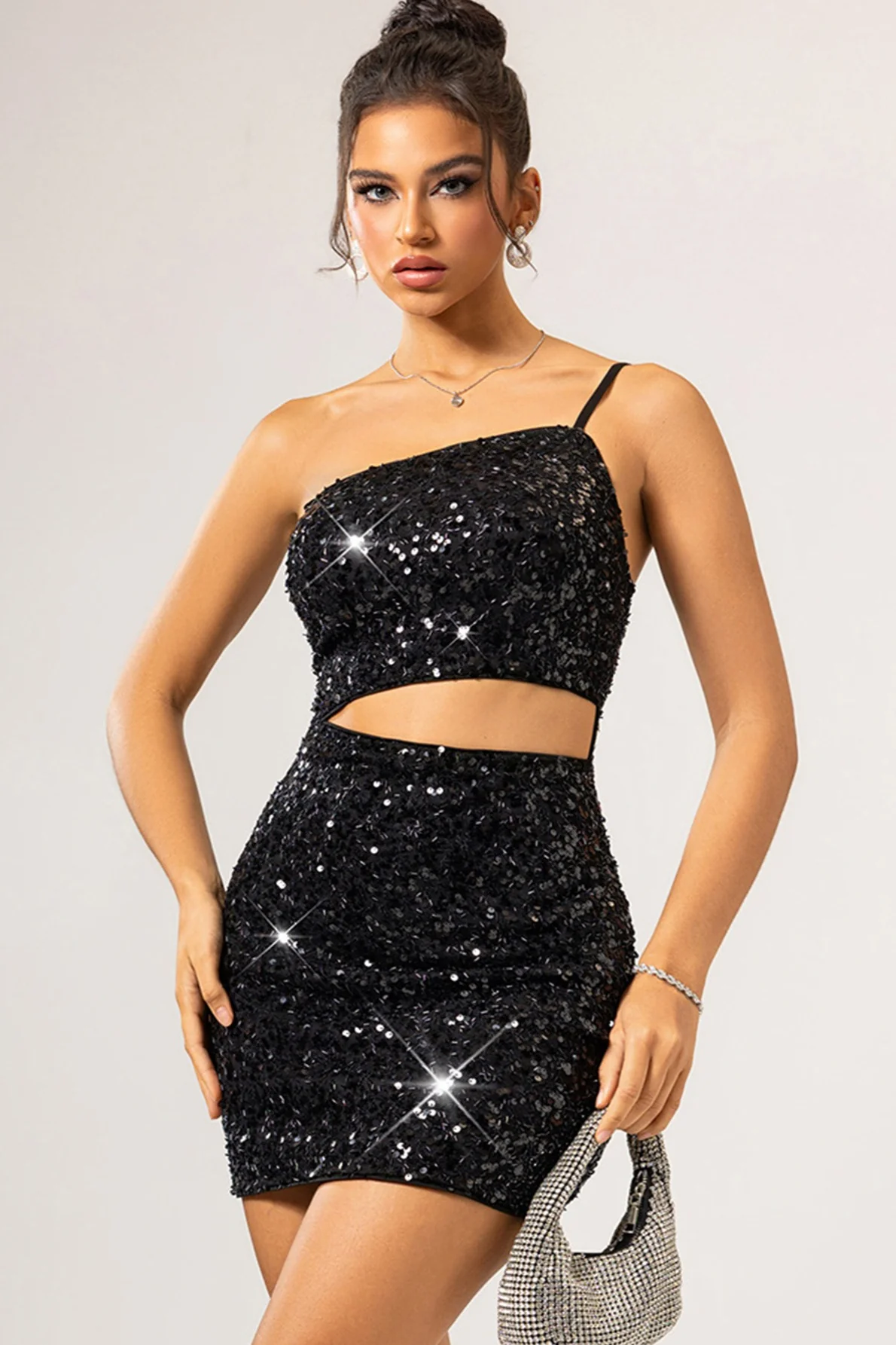 One Shoulder Sequin Backless Mini Dress - Image 3