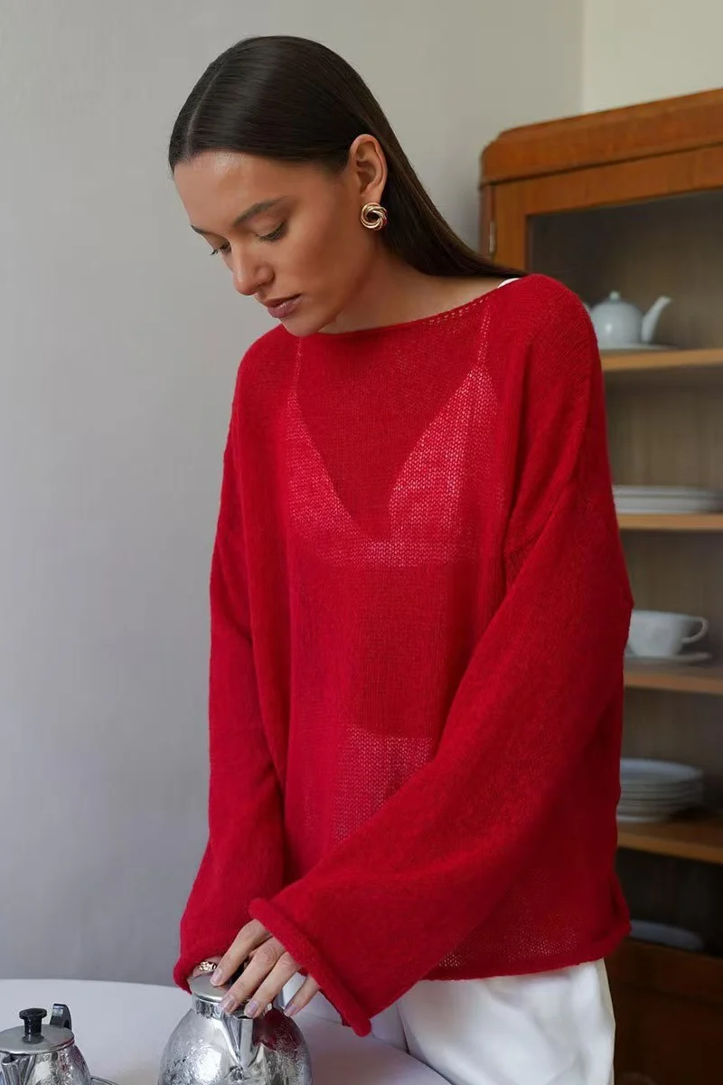 Openwork Round Neck Oversized Sweater - Image 2