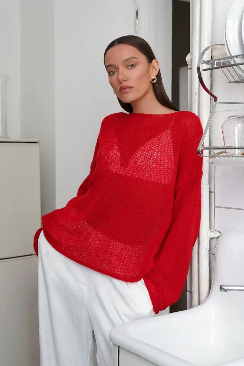 Openwork Round Neck Oversized Sweater - Image 3