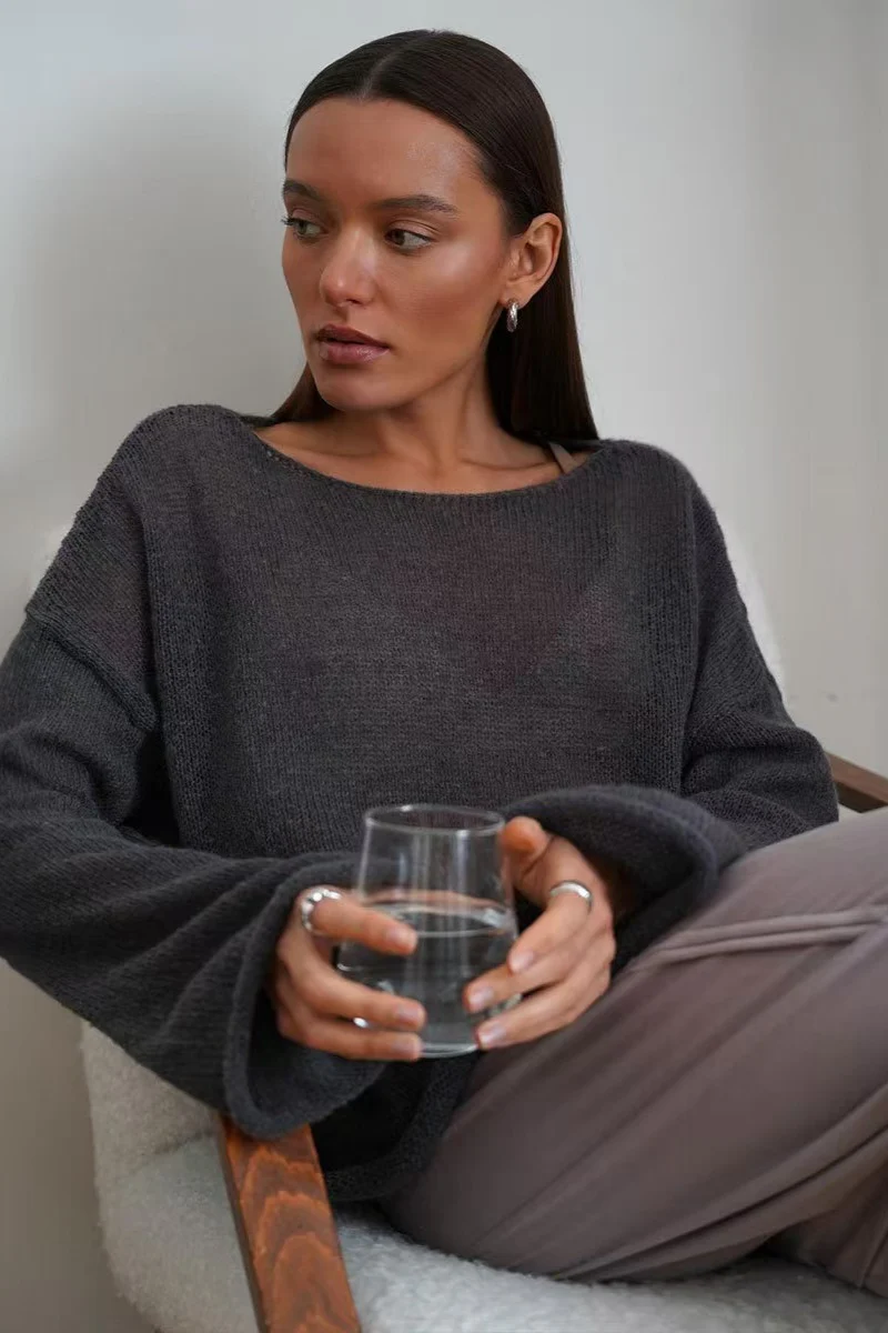 Openwork Round Neck Oversized Sweater - Image 5