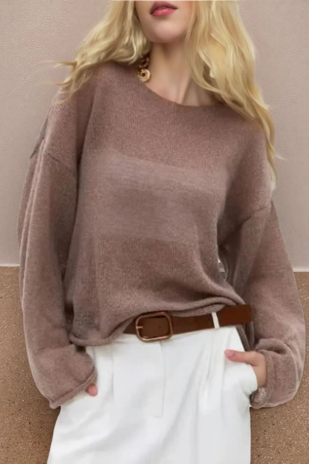 Openwork Round Neck Oversized Sweater - Image 7