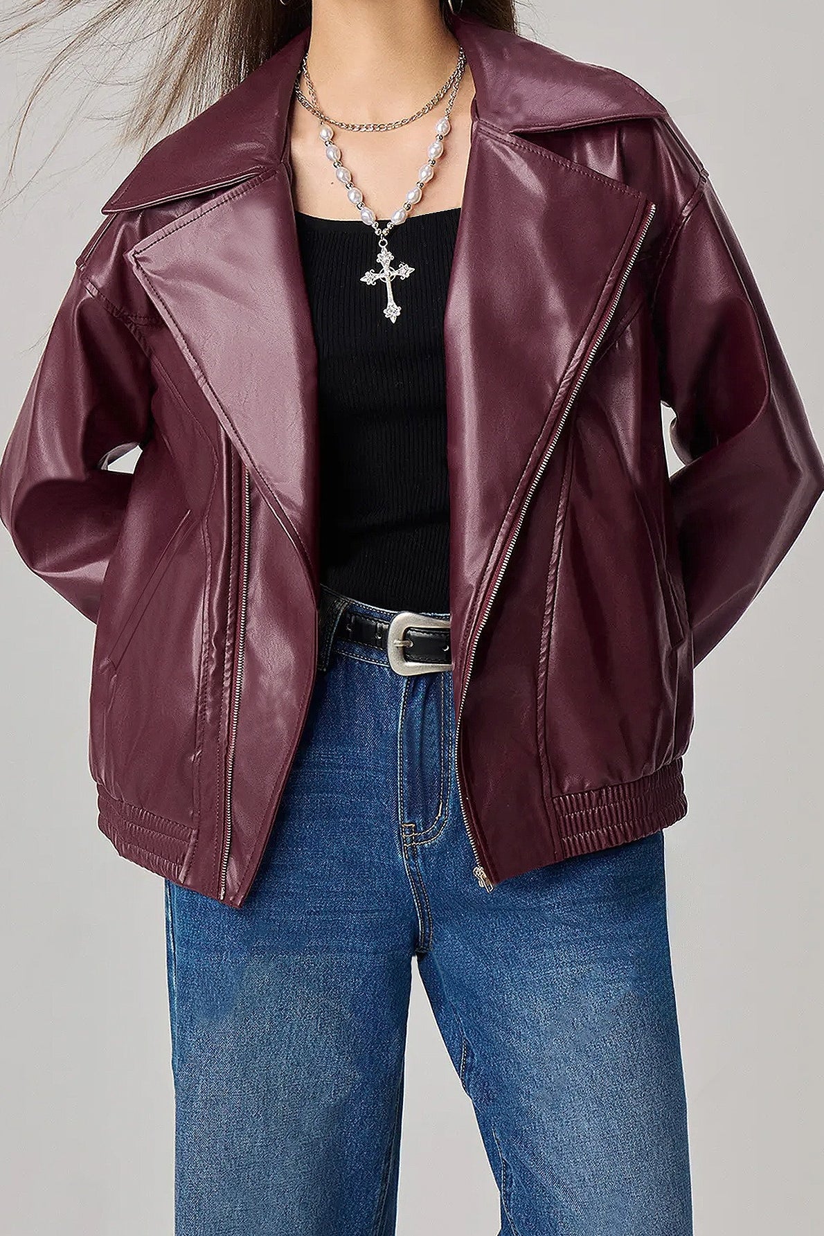 Oversized Long Sleeve Leather Jacket