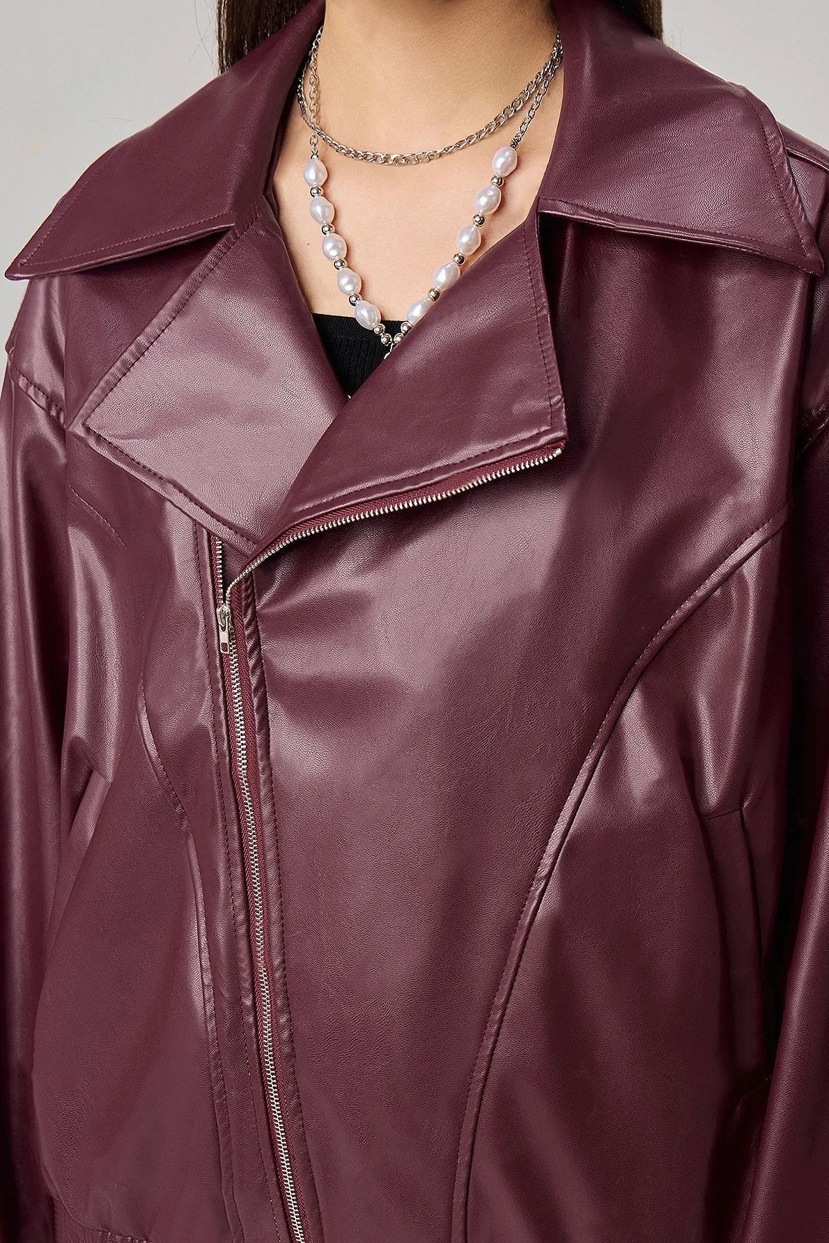 Oversized Long Sleeve Leather Jacket - Image 3
