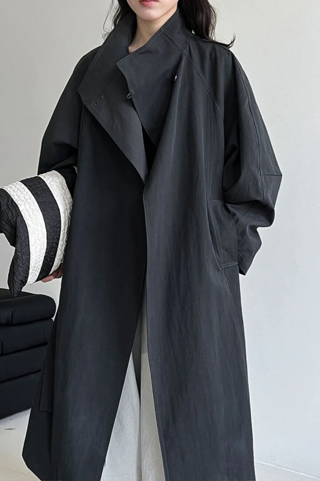 Oversized One Button Stand Collar Overcoat - Image 14