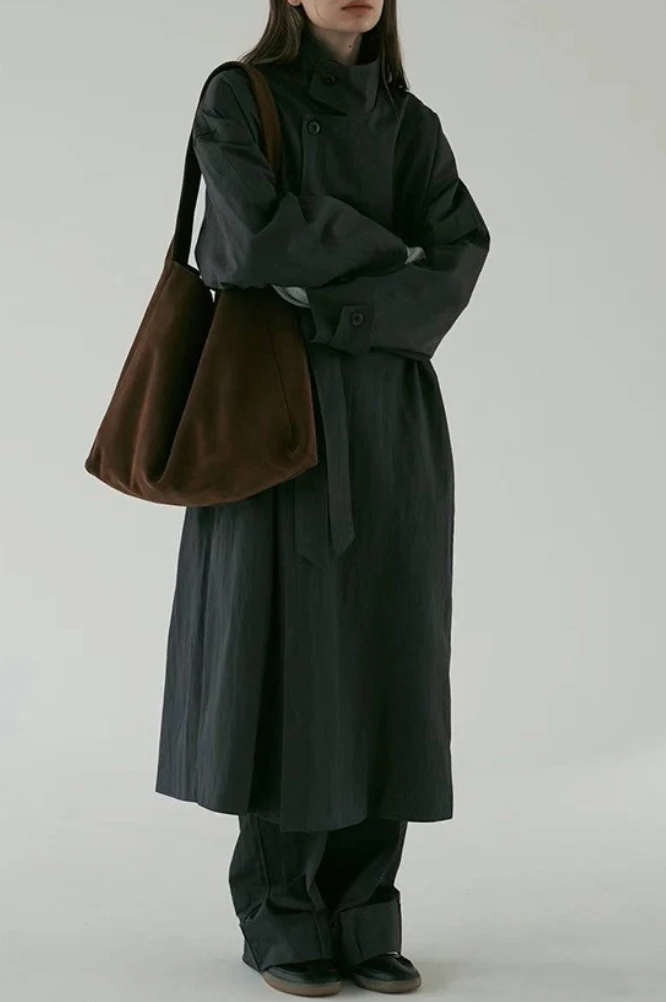 Oversized Stand Collar Long Casual Overcoat - Image 7