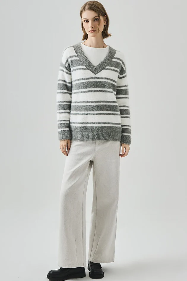 Oversized Striped V-Neck Sweater - Image 11