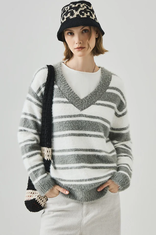 Oversized Striped V-Neck Sweater - Image 12