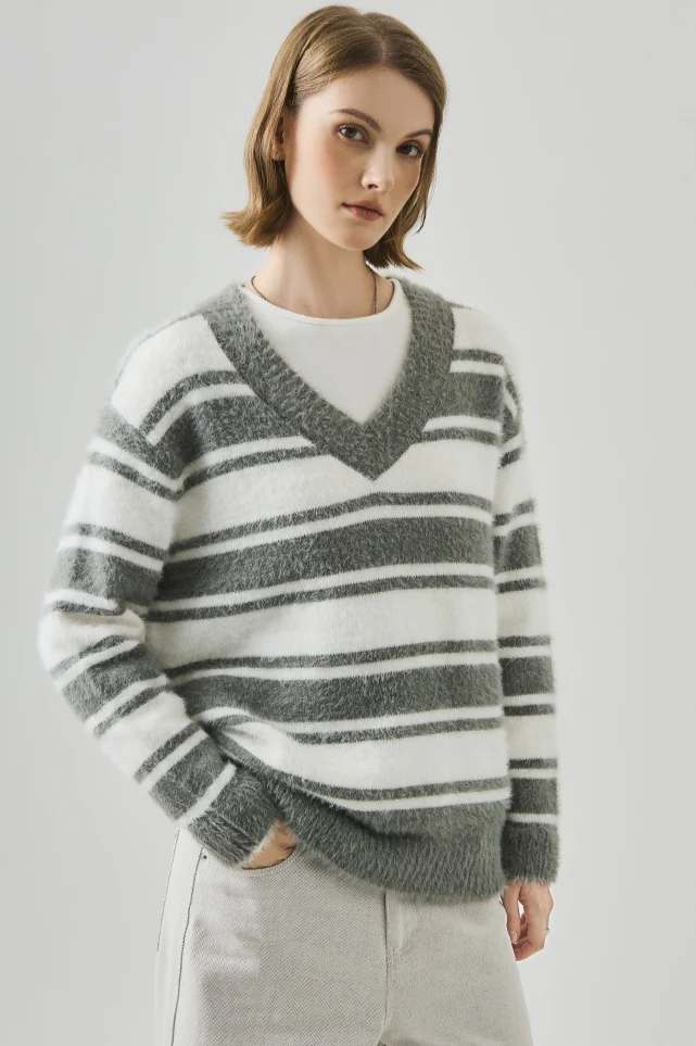 Oversized Striped V-Neck Sweater - Image 14