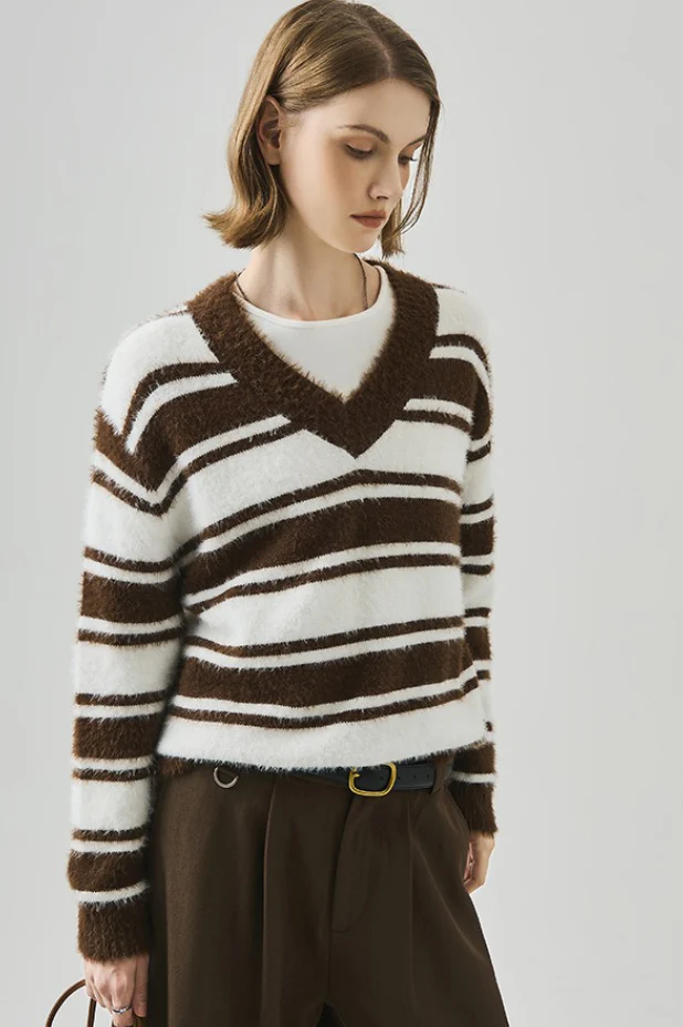 Oversized Striped V-Neck Sweater - Image 2
