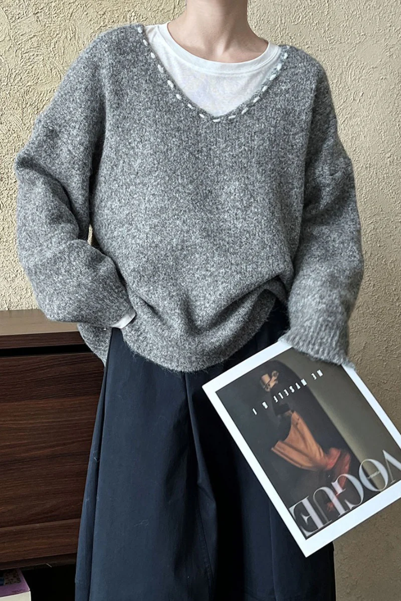 Oversized V-Neck Knit Sweater - Image 11