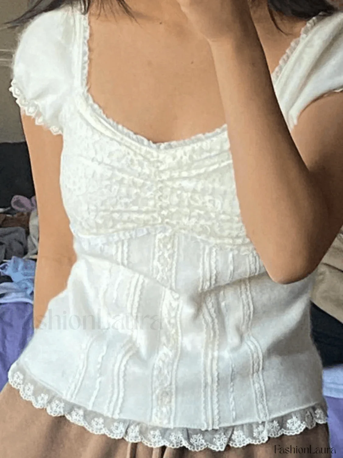 Paneled Lace White Puff Sleeve Blouse - Image 6