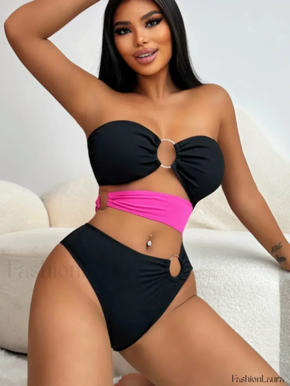 Patchwork Bandeau Hollow Bikini Set - Image 10
