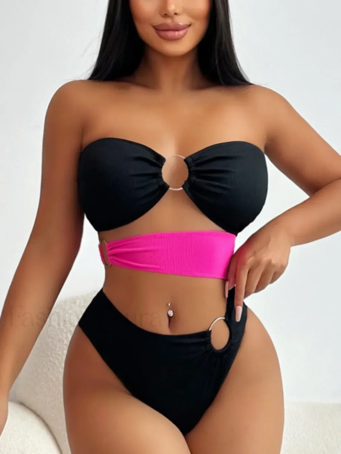 Patchwork Bandeau Hollow Bikini Set - Image 6