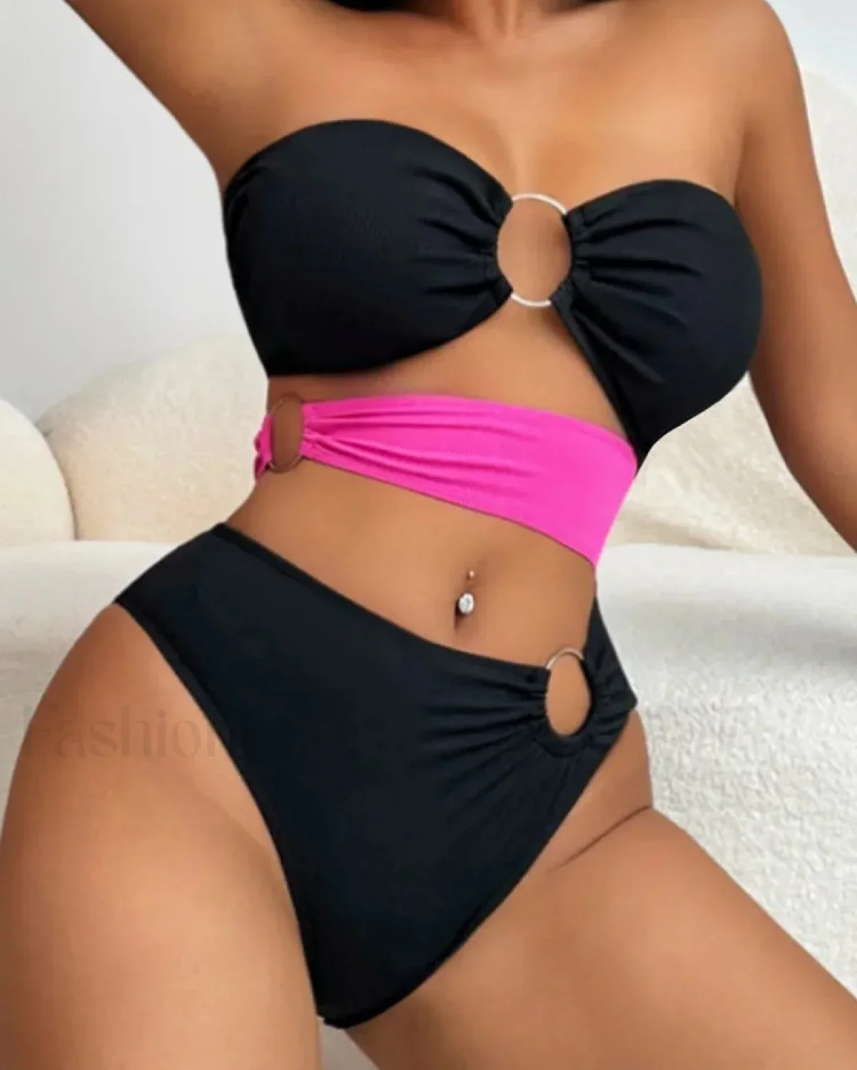 Patchwork Bandeau Hollow Bikini Set - Image 8