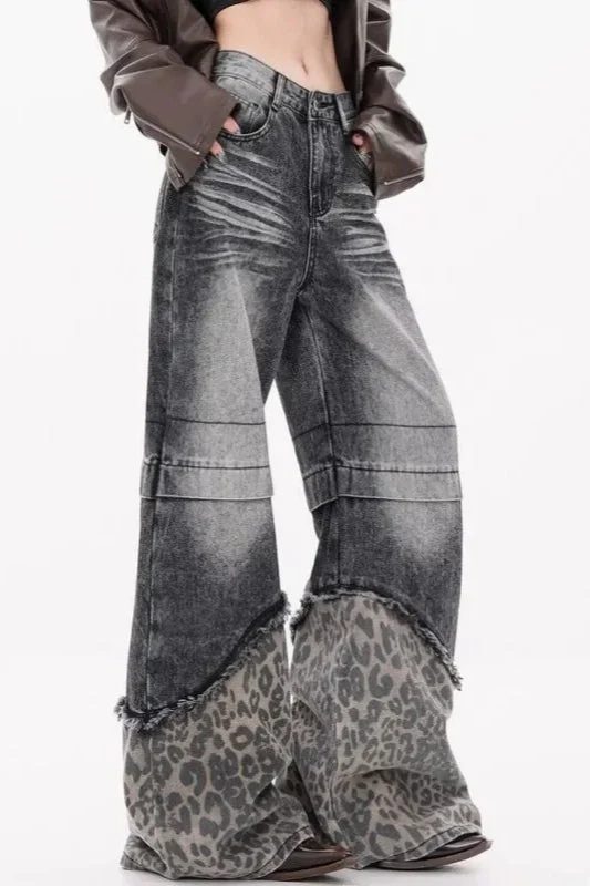 Patchwork Leopard Wide Leg Jeans - Image 10