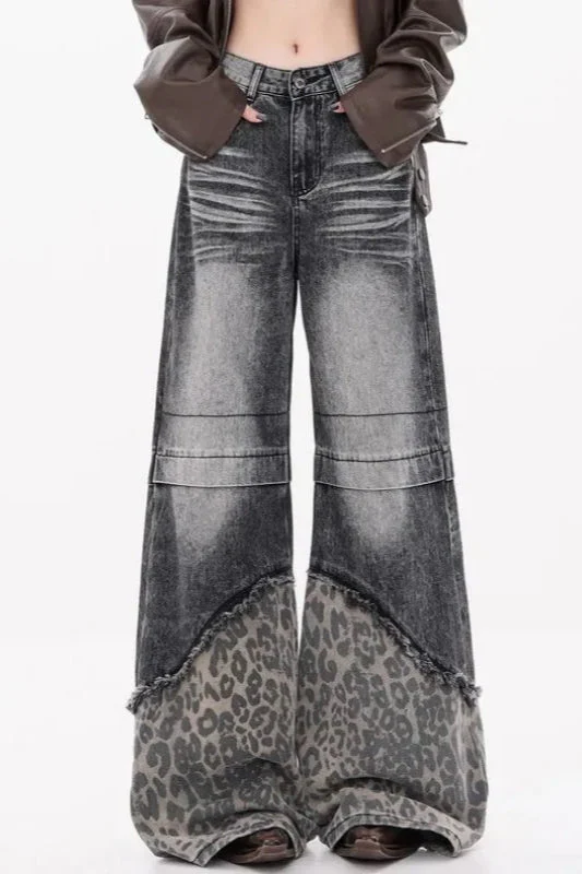 Patchwork Leopard Wide Leg Jeans - Image 12